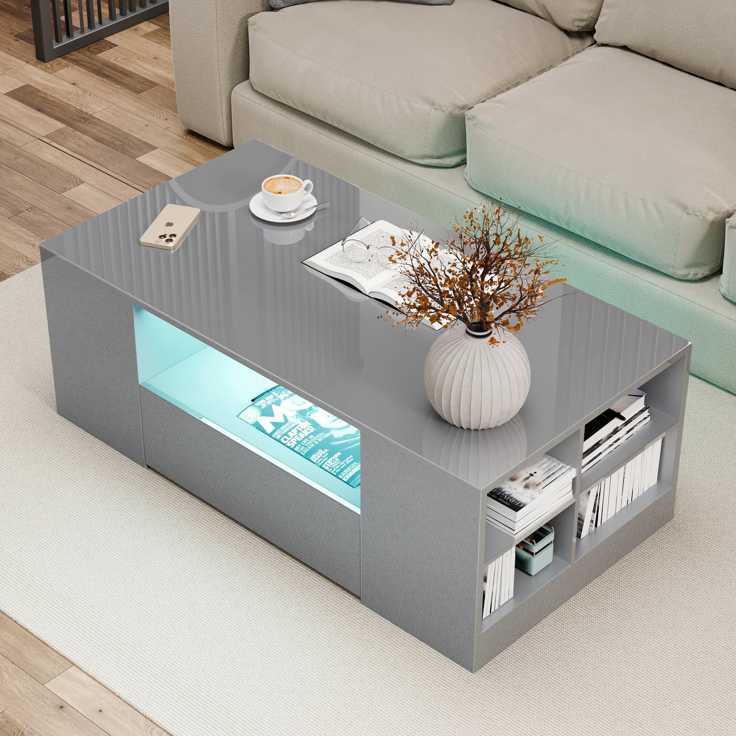 Gray coffee table with storage & LED lighting in a living room setting