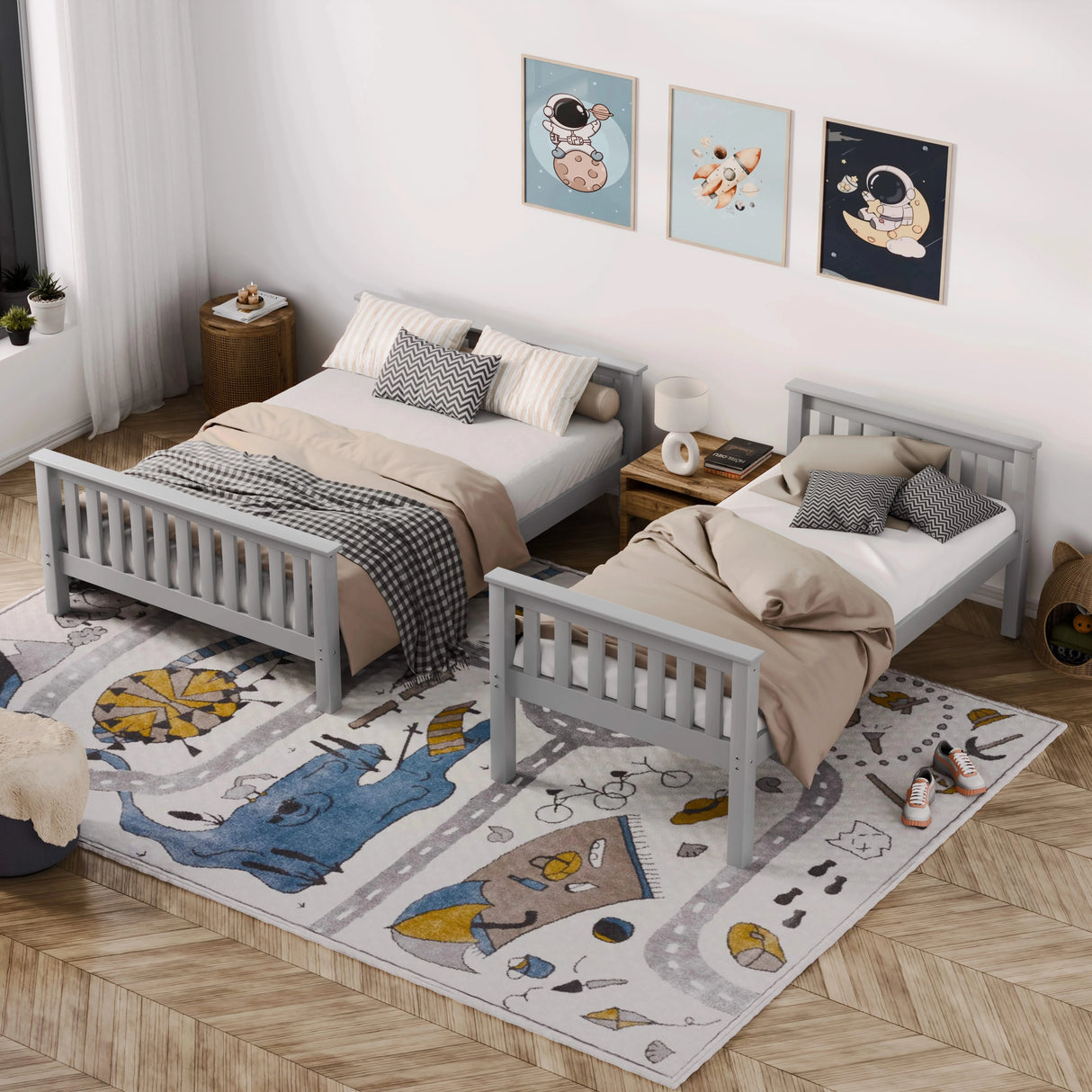 Grey wooden bunk beds separated into two single beds, demonstrating the convertible feature of the triple bunk bed for kids.