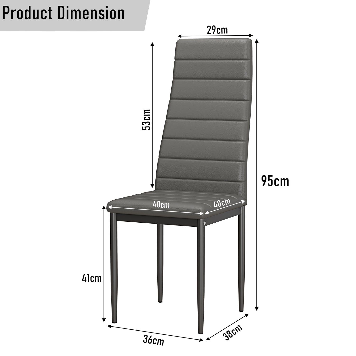 Grey PU leather dining chair dimensions: 95cm height, 40cm seat width, designed for dining table set.