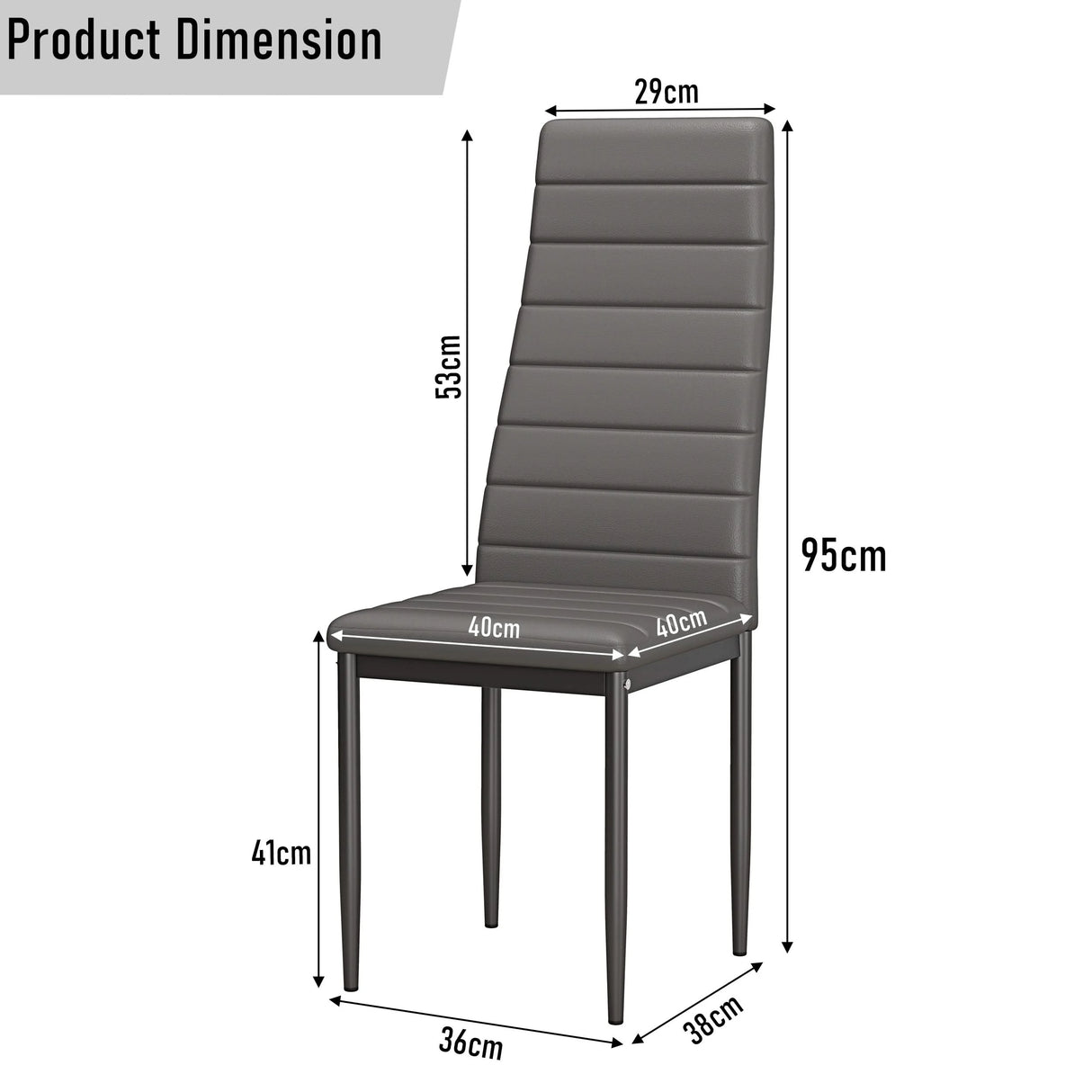 dimensions of dining chairs set of 6 in grey PU leather with firm iron base: 95cm height, 40cm seat width