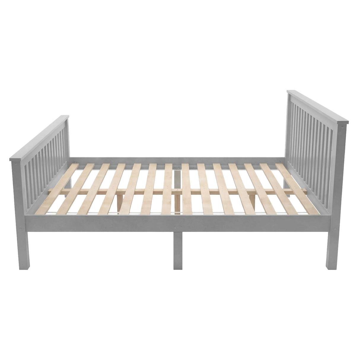 Double bed frame constructed from solid pine wood with a slatted base and central support legs