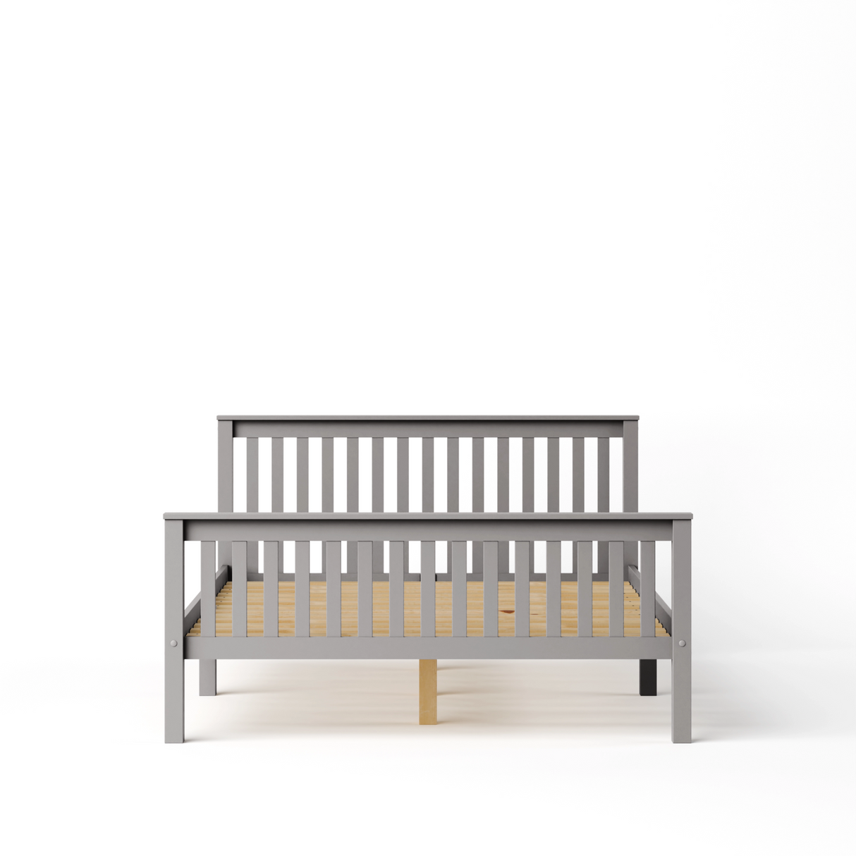 Double bed frame constructed from solid pine wood with a slatted base and central support legs