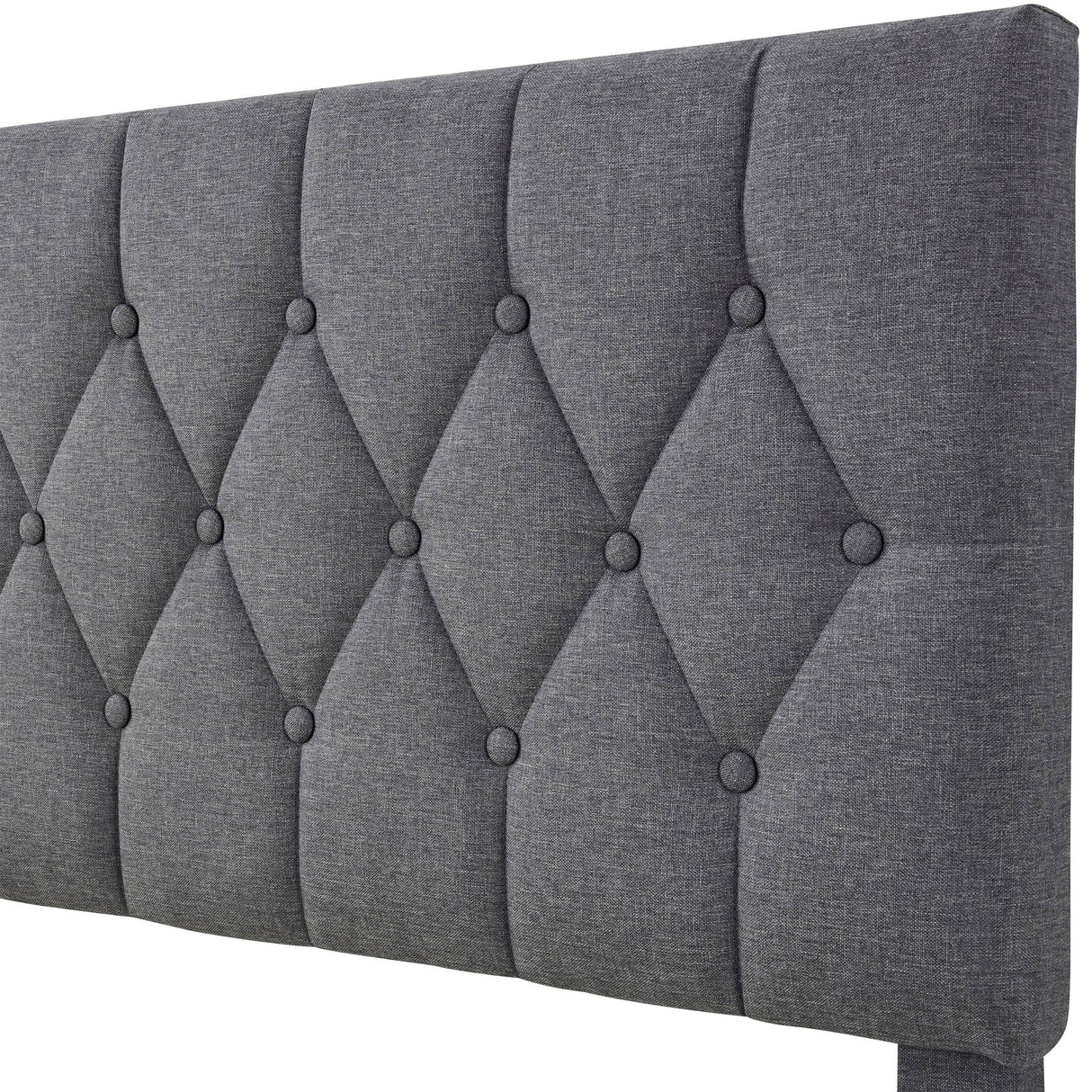 Close-up of the diamond-tufted adjustable headboard on the Linen Grey Bed Frame, crafted in soft grey linen fabric.
