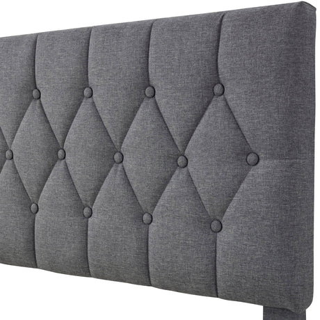 Close-up of the diamond-tufted adjustable headboard on the Linen Grey Bed Frame, crafted in soft grey linen fabric.