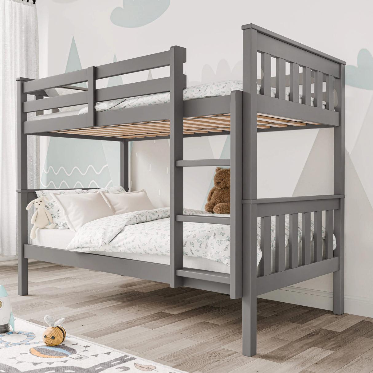 Grey double bunk beds with safety rails and ladder, ideal for shared kids’ bedroom from Dream Home Store