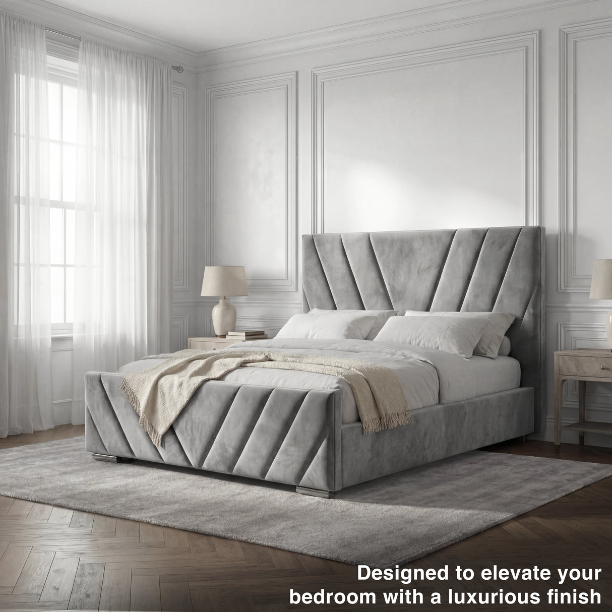 Angled perspective view of the grey double ottoman bed, highlighting its spacious structure and design features