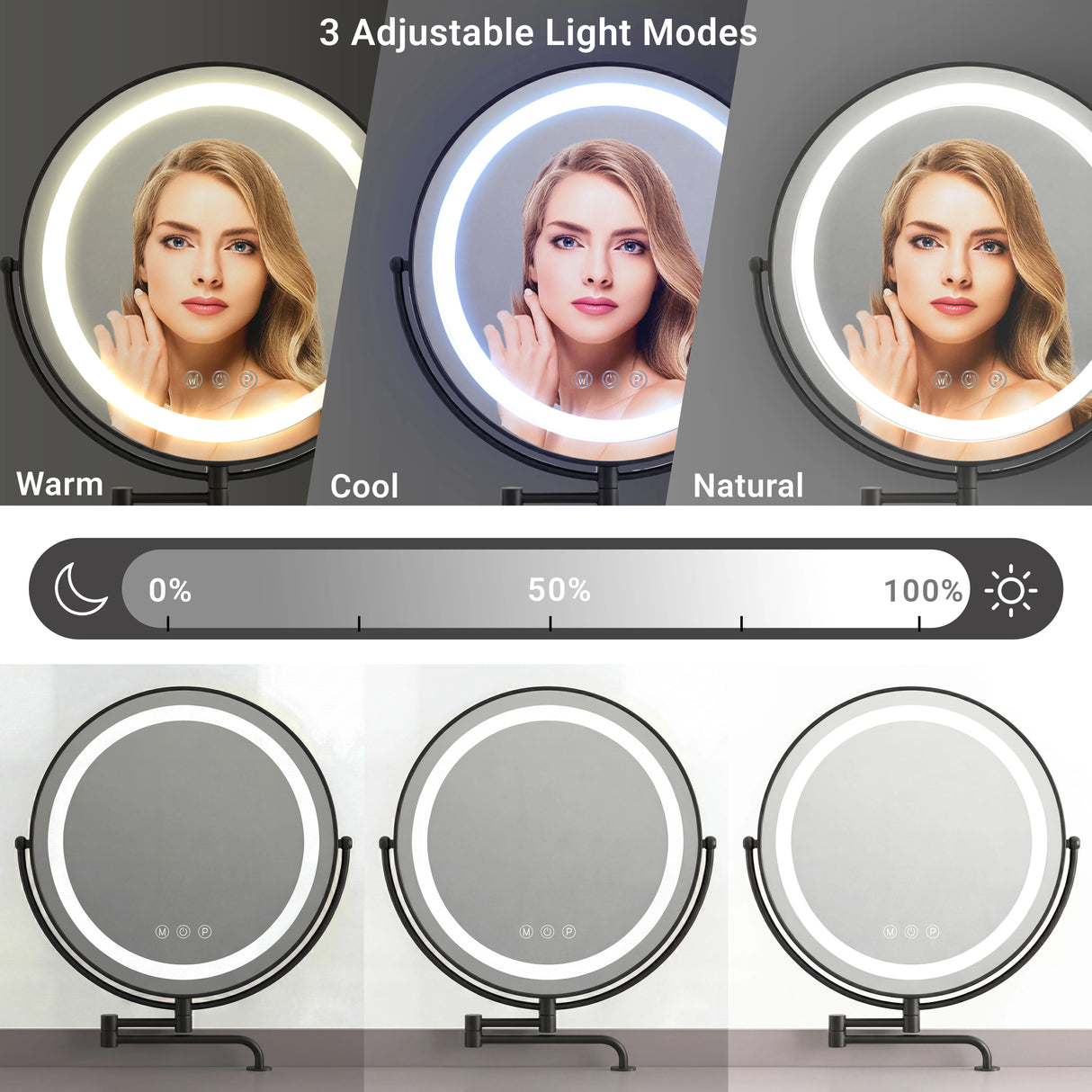 Grey makeup table with LED lights, featuring three adjustable lighting modes for perfect makeup experience