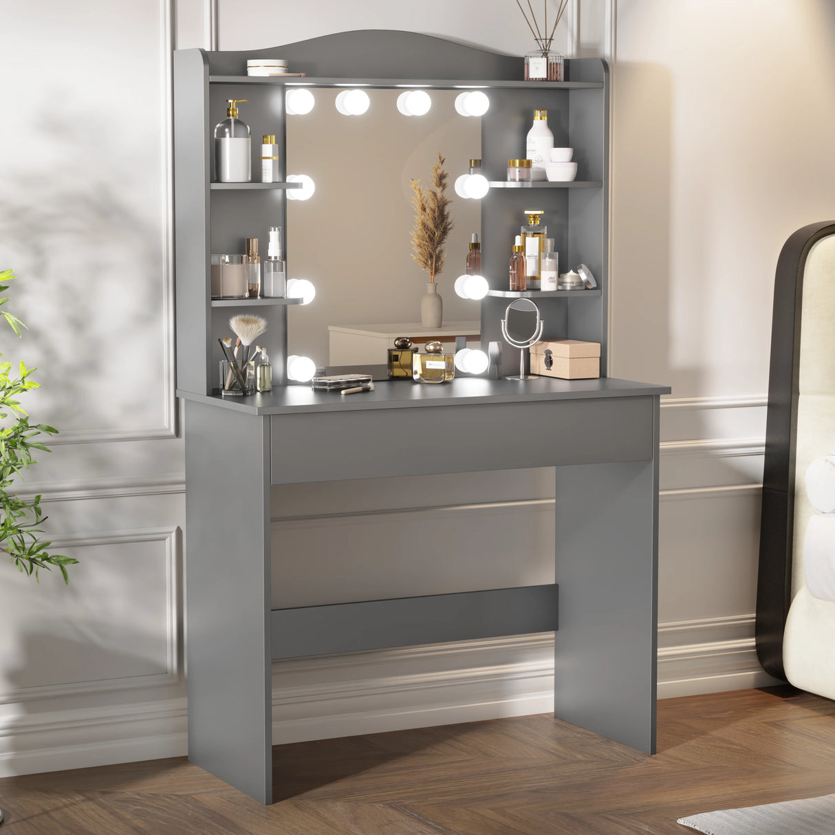 Grey vanity table with mirror and lights placed in a modern bedroom with minimalist decor