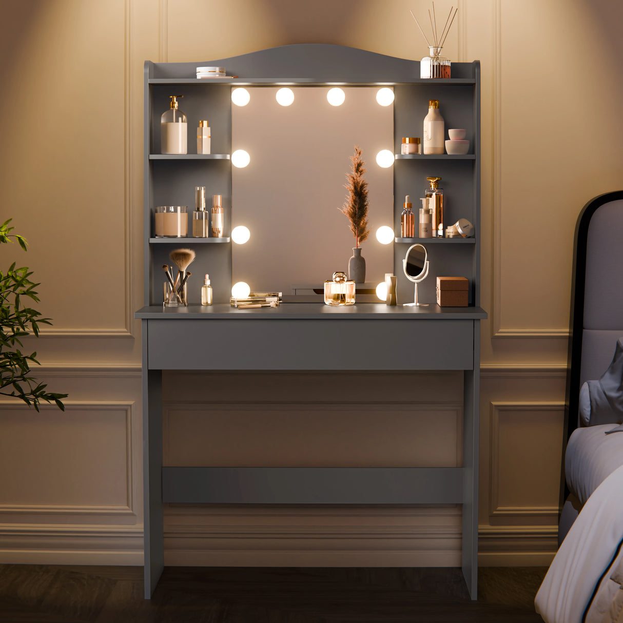 Grey dressing table with mirror and LED lights, featuring 5 side shelves and 1 large drawer, ideal for bedroom vanity setups. DHS makeup vanity desk with adjustable lighting and ample storage.
