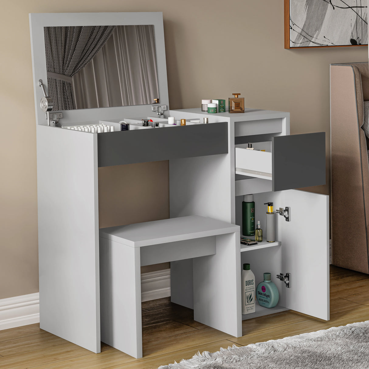 Modern makeup dressing table with flip-up mirror, matching stool, and multiple storage sections in white and grey finish for bedroom vanities.