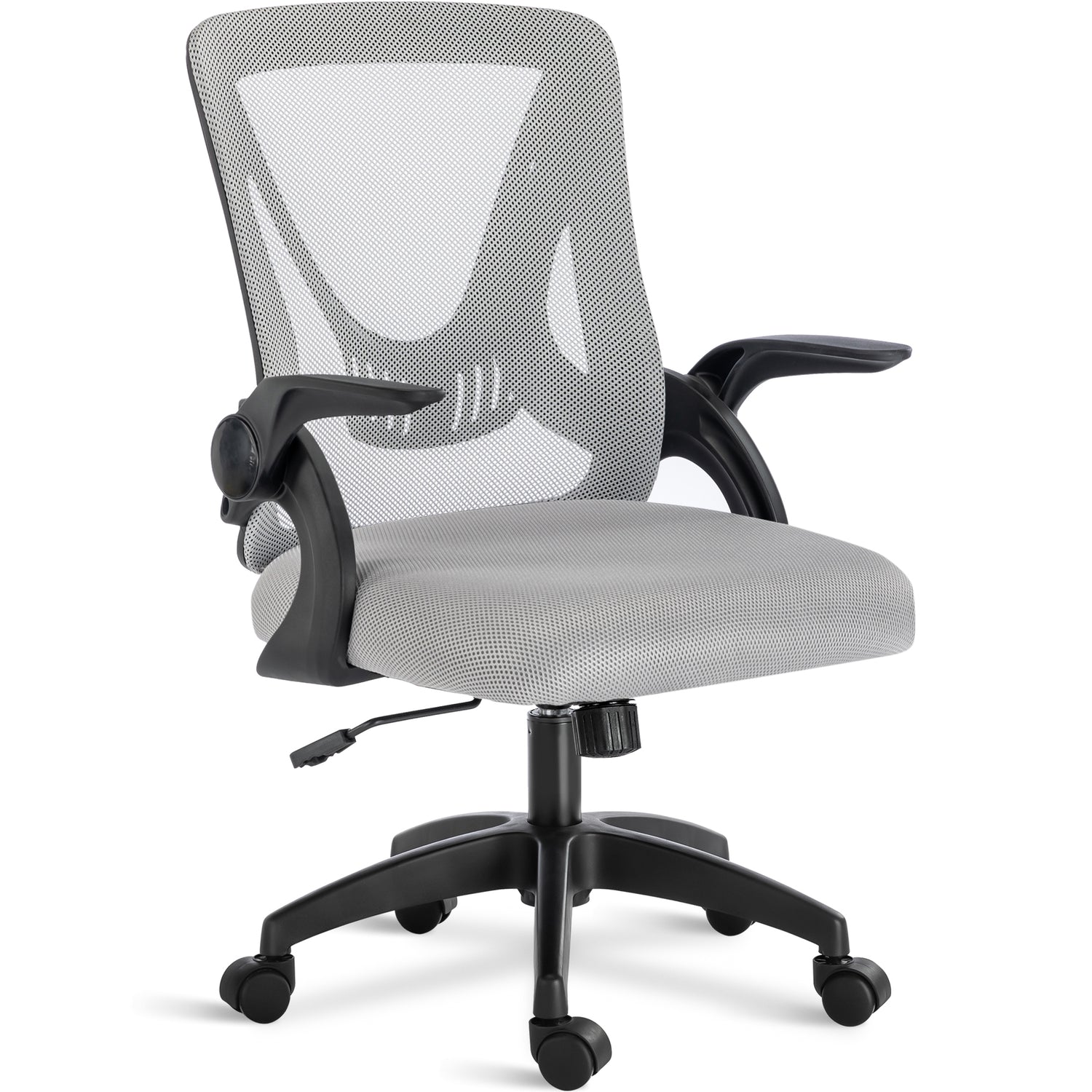 Grey computer chair with breathable mesh backrest, padded seat, and adjustable height for all-day comfort.
