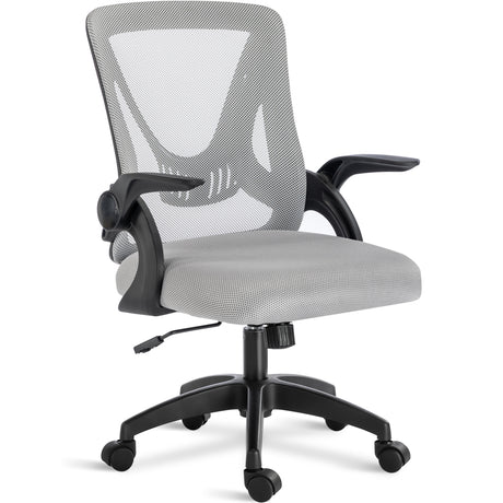 Grey computer chair with breathable mesh backrest, padded seat, and adjustable height for all-day comfort.