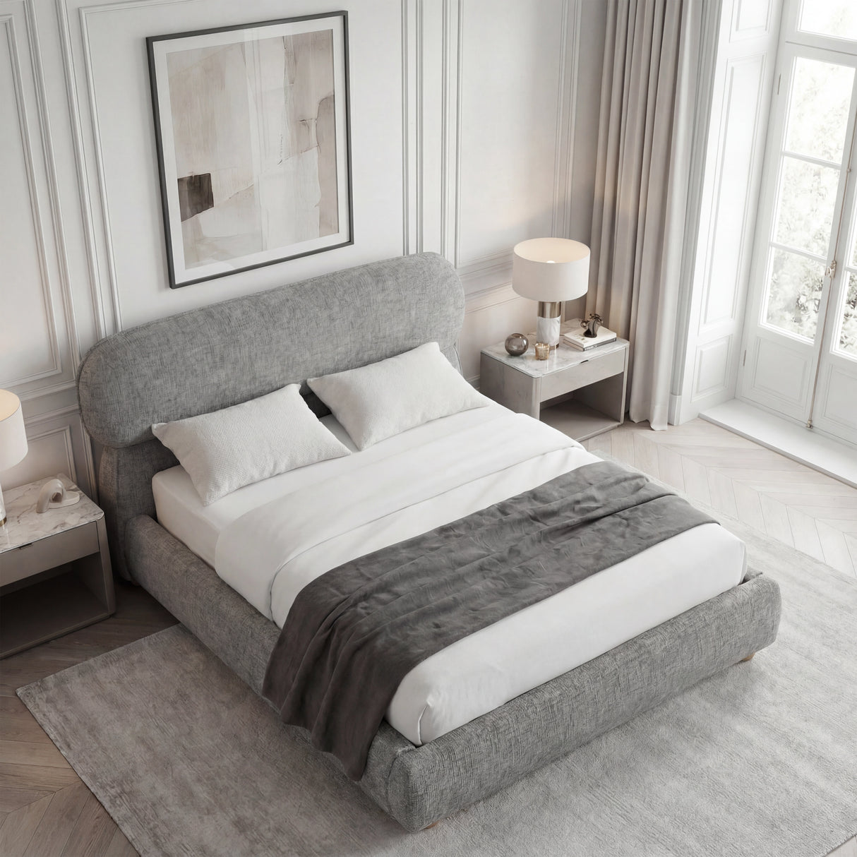 Angled overhead view displaying the double bed frame in grey, smooth upholstery finish in a modern bedroom