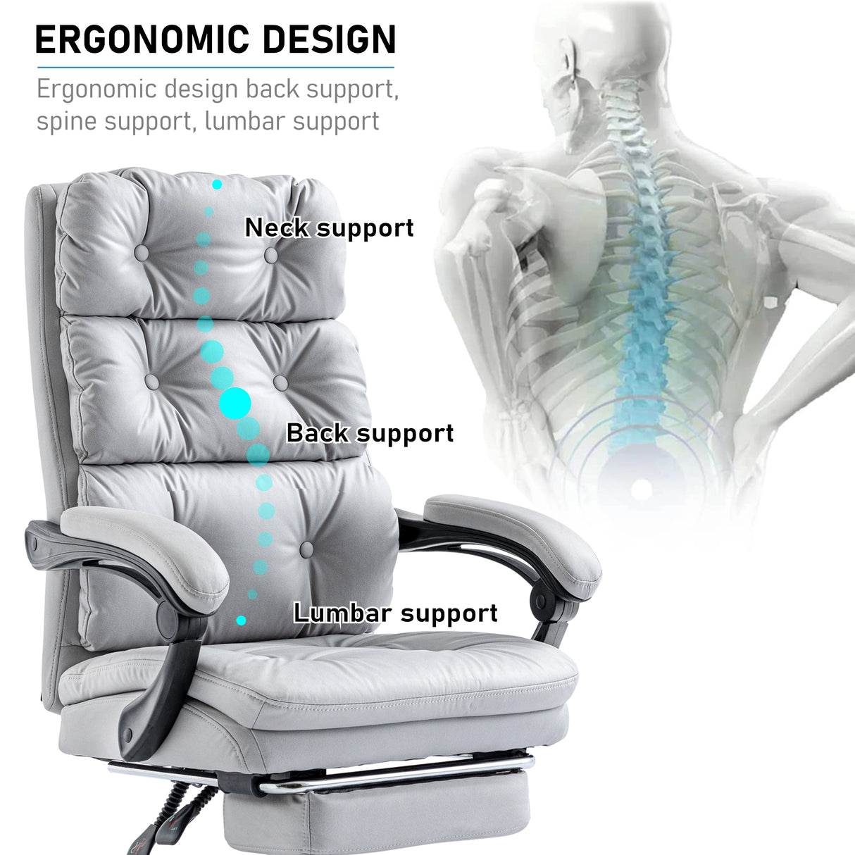 Close-up graphic highlights the ergonomic office chair’s S-curve backrest, showing its lumbar support feature.