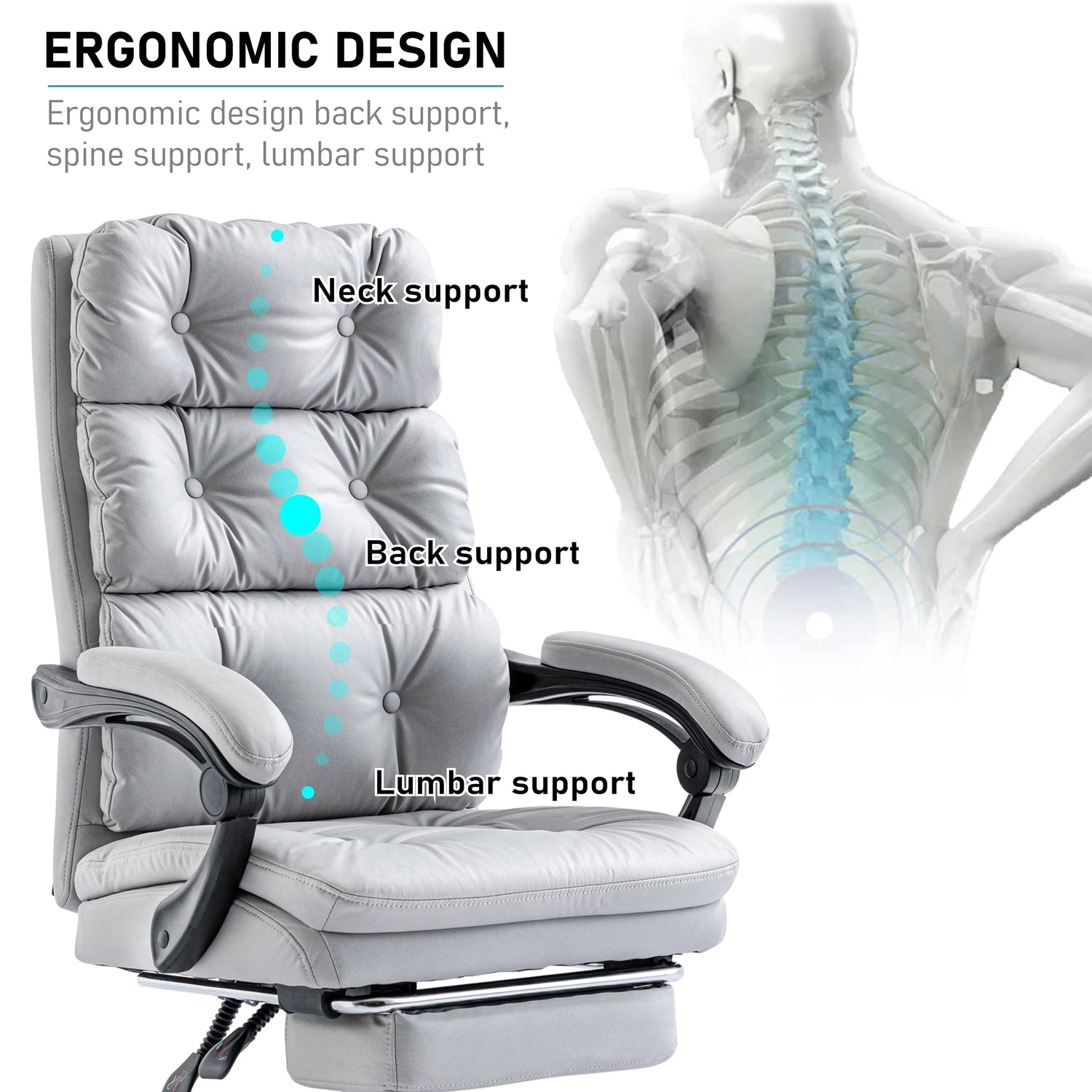 Close-up graphic highlights the ergonomic office chair’s S-curve backrest, showing its lumbar support feature.