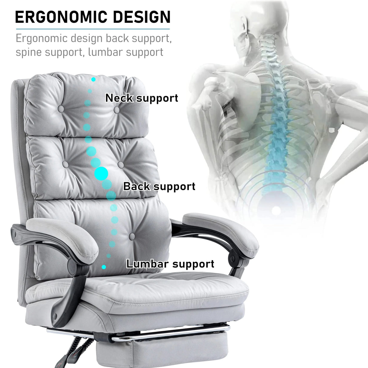 Close-up graphic highlights the ergonomic office chair’s S-curve backrest, showing its lumbar support feature.