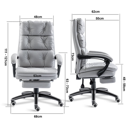 Measurements for ergonomic chair: 53 cm seat width, 68 cm wheelbase, height adjustable between 63 and 73 cm.