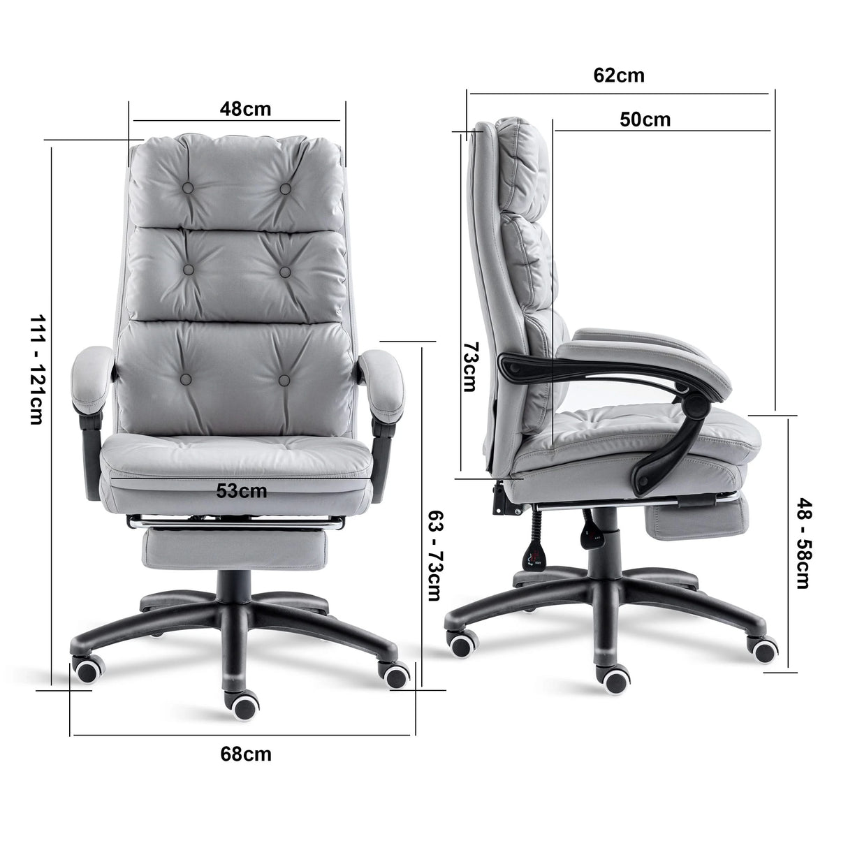 Measurements for ergonomic chair: 53 cm seat width, 68 cm wheelbase, height adjustable between 63 and 73 cm.