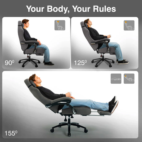 Ergonomic chair with features highlighted on a dark background