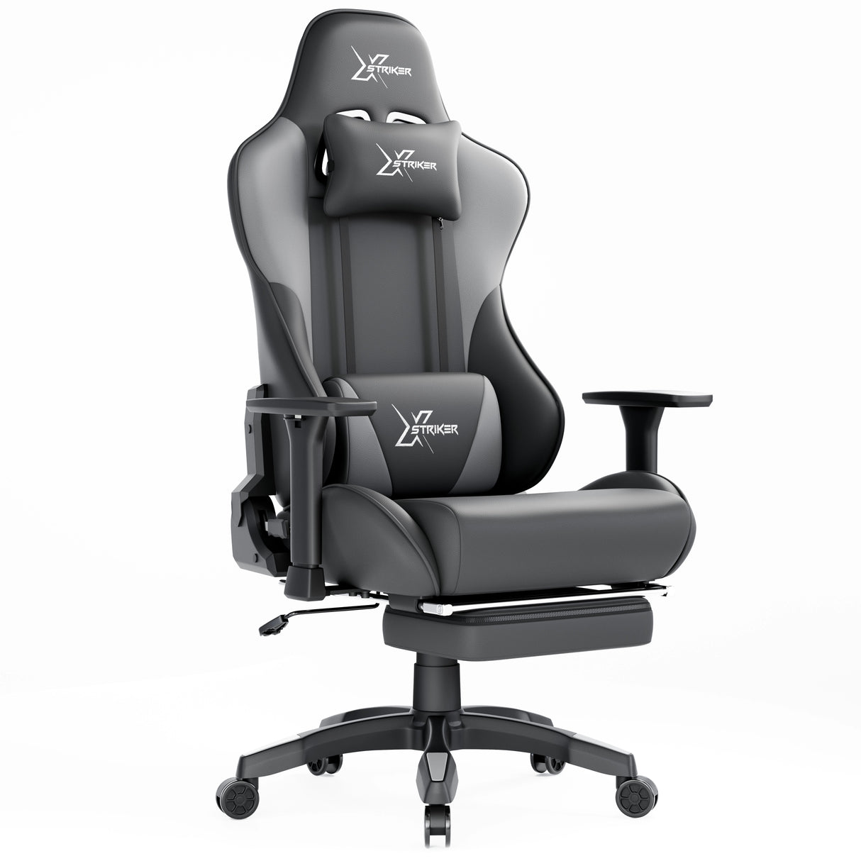 Most Comfortable Office Gaming Chair with Footrest Xstriker in black and grey, featuring adjustable armrests, lumbar support, and reclining backrest.
