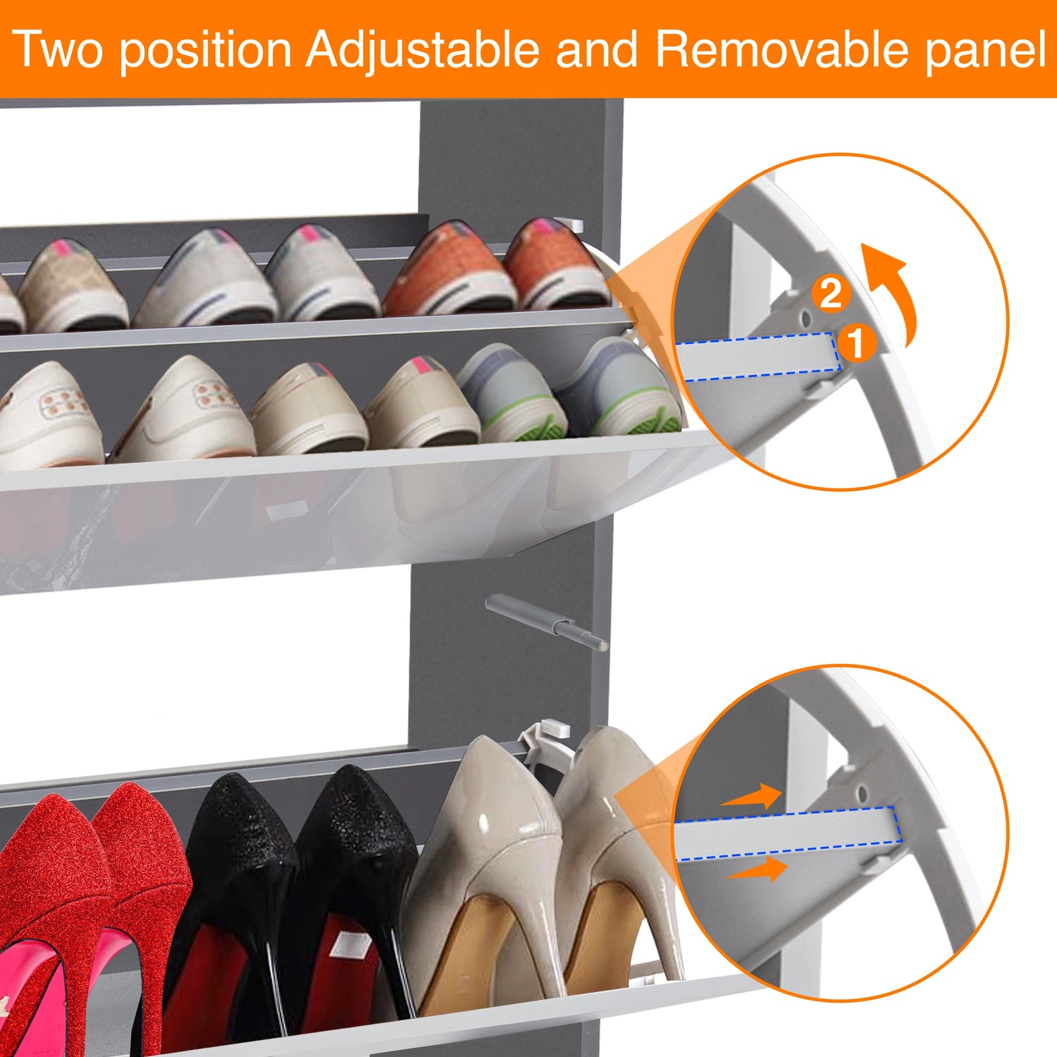 two tone grey 12 pair shoe storage cabinet for hallway with adjustable and removable dividers shown to fit taller boots