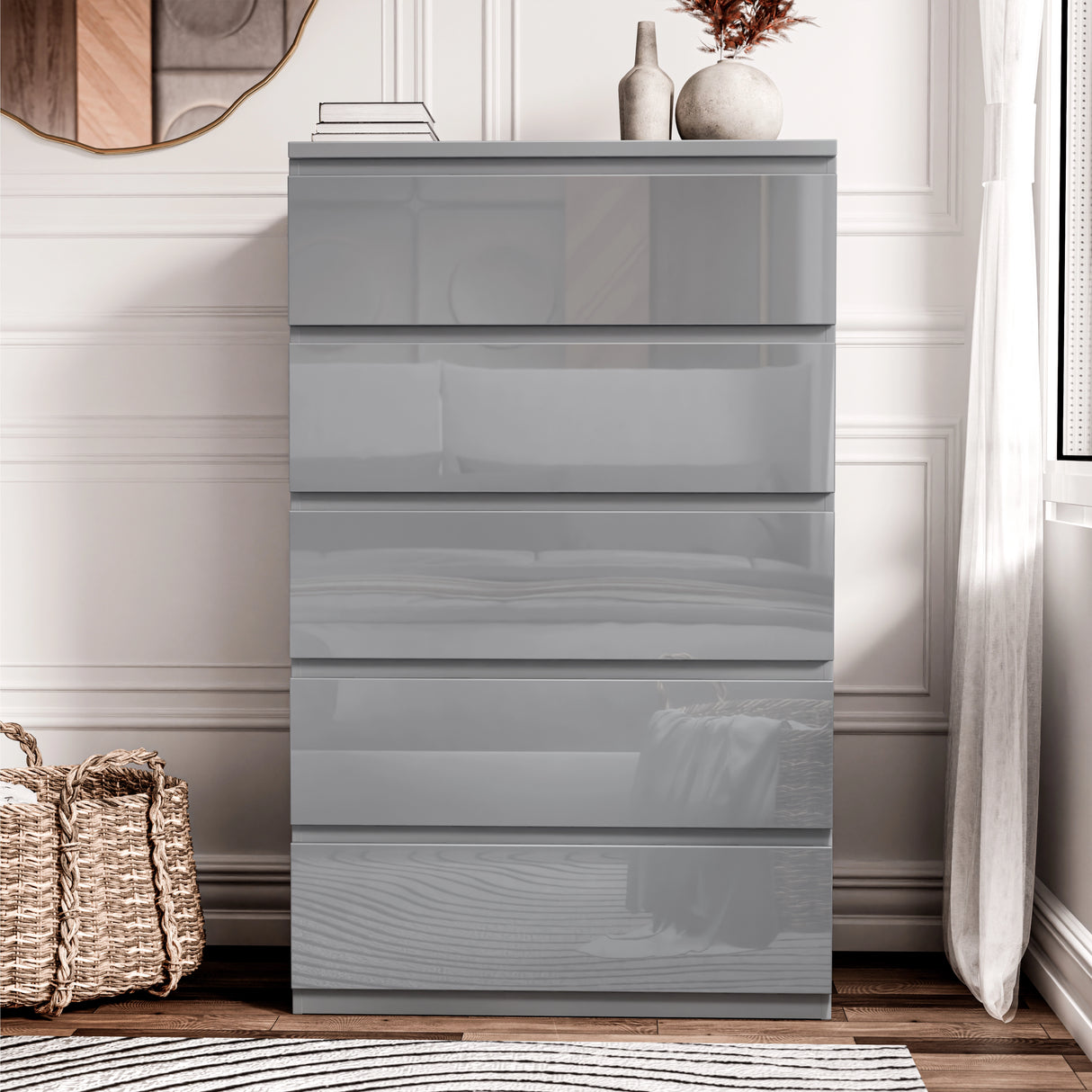 Tall grey high gloss chest of 5 drawers from the 3 Piece Bedroom Set, offering sleek and spacious bedroom storage.