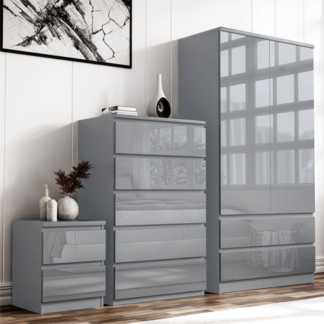 Grey High Gloss Wardrobe, Chest of Drawers | 3 Piece Bedroom Set with 2 door wardrobe, 5-drawer chest, and 2-drawer bedside table.