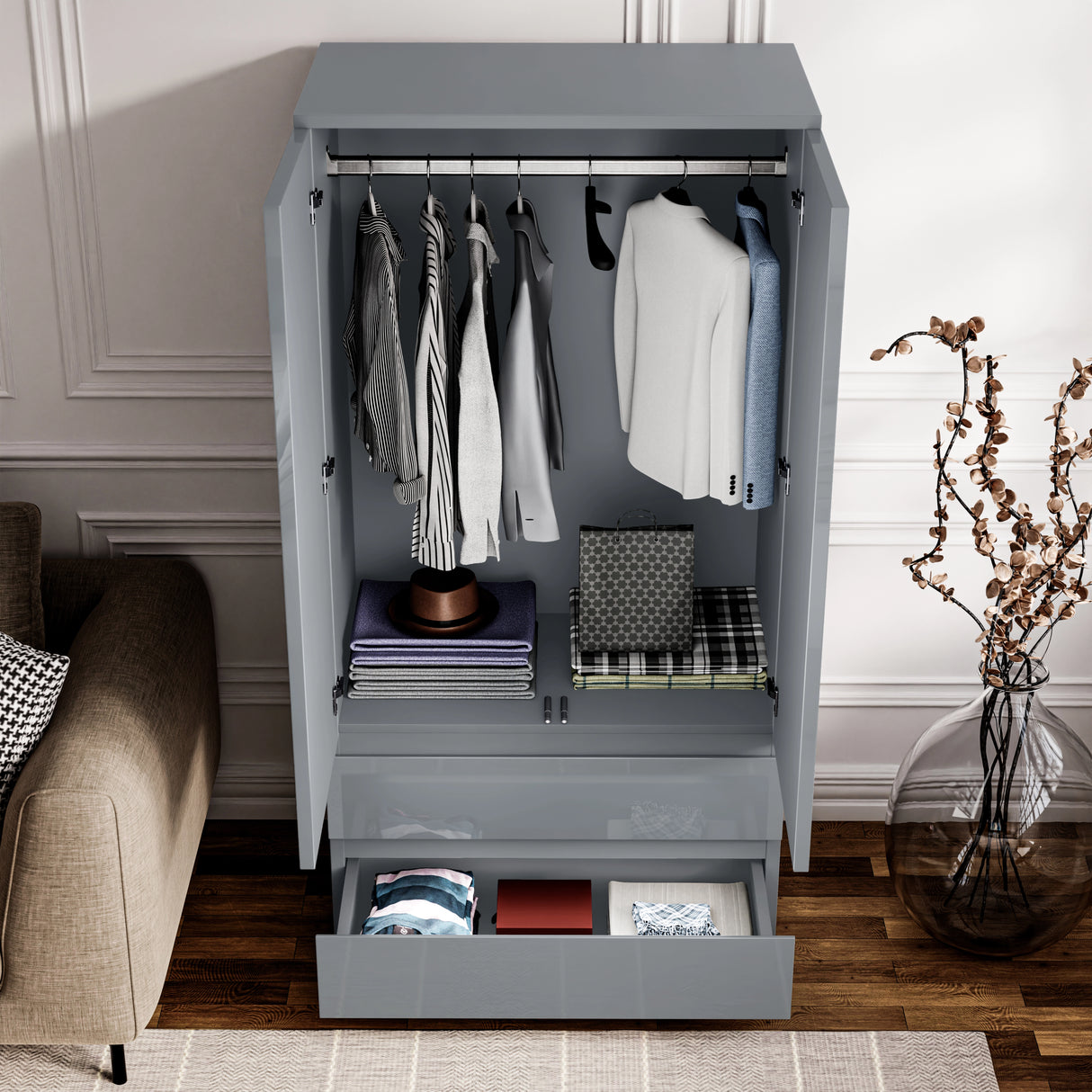 Interior of grey high gloss 2 door wardrobe with hanging rail and drawers, part of the 3 piece bedroom furniture set.
