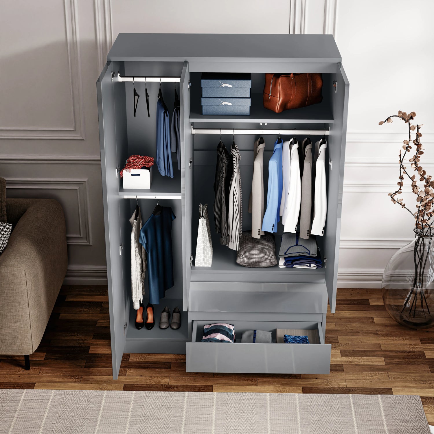 Interior of grey high gloss 3 door wardrobe with shelves and rails, offering functional storage in a modern bedroom.