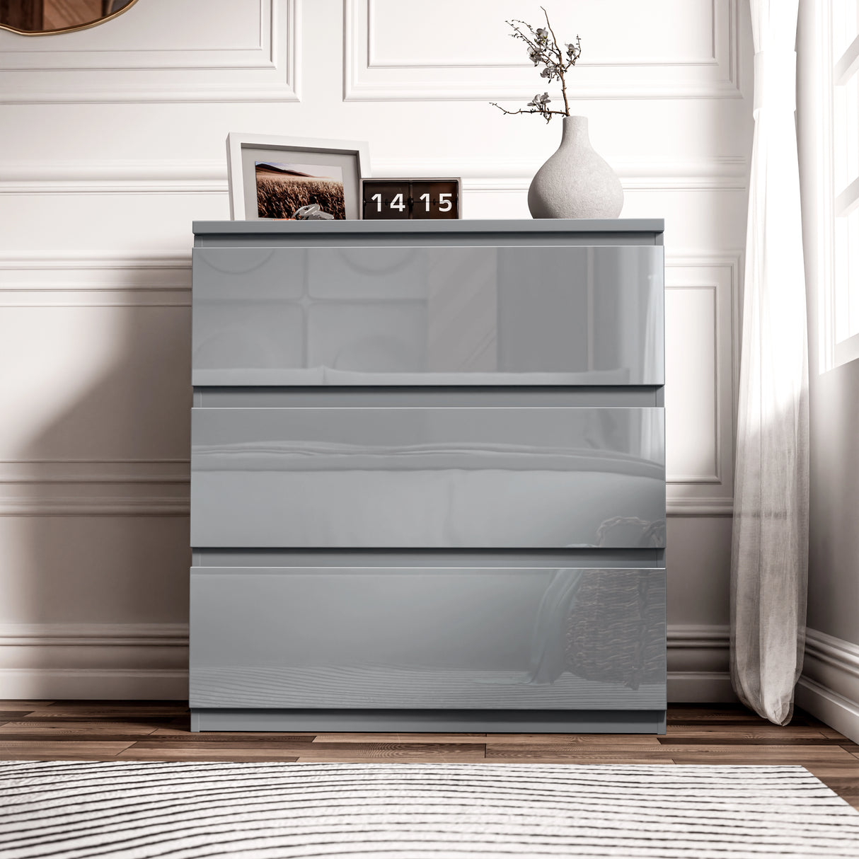 Grey high gloss 3 drawer chest from the High Gloss 4 Piece Bedroom Set, ideal for stylish and functional bedroom storage