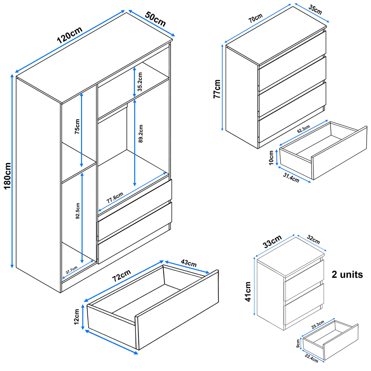 Dimensions diagram of High Gloss 4 Piece Bedroom Set including wardrobe, chest of drawers, and bedside tables for accurate fitting