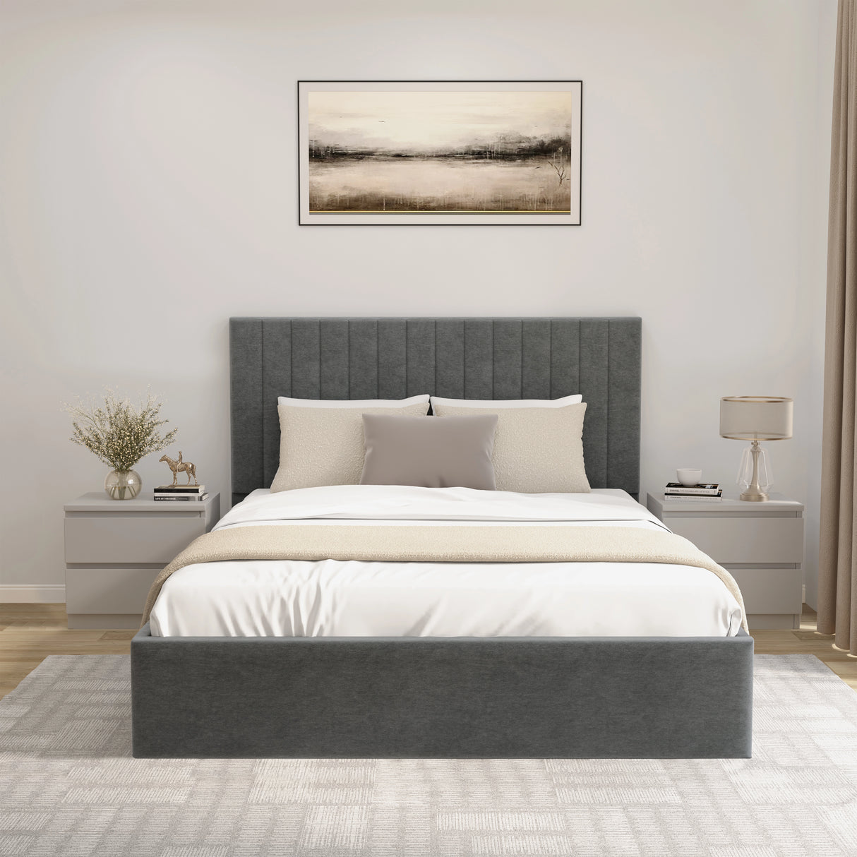 Modern bedroom with gray upholstered bed, nightstands, and abstract art on the wall.