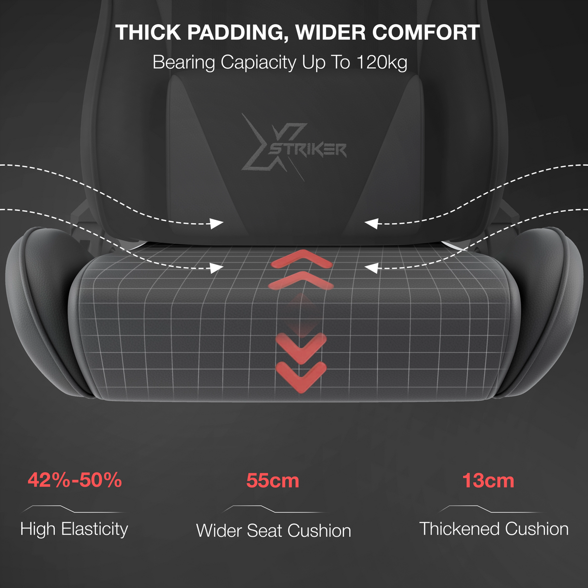 Xstriker Office Gaming Chair with Footrest features thick padding, 55cm wide seat, and 13cm cushion for high elasticity and comfort. Supports up to 120kg.