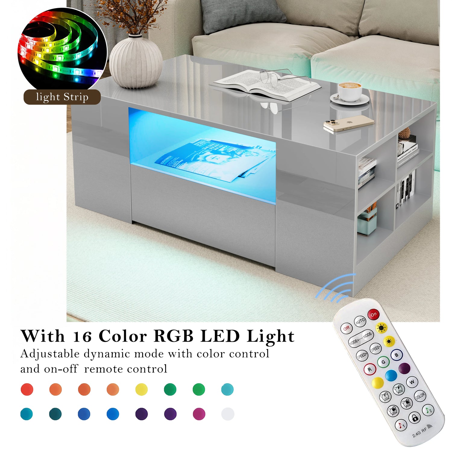 Coffee table with RGB LED light strip and remote control in a living room setting