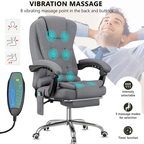 this grey linen vibrating desk chair includes a piston graphic with arrows to show its full seat height adjustability