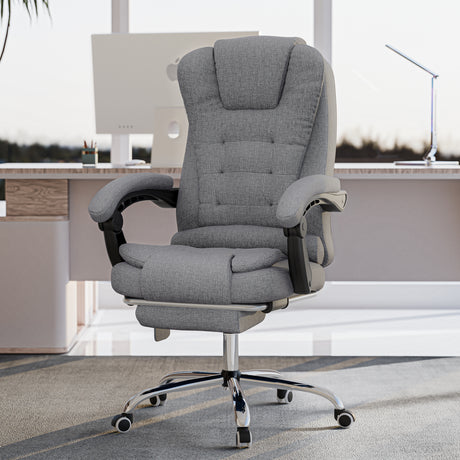 this grey linen office chair is styled in a light workspace, offering a soft texture and ergonomic support