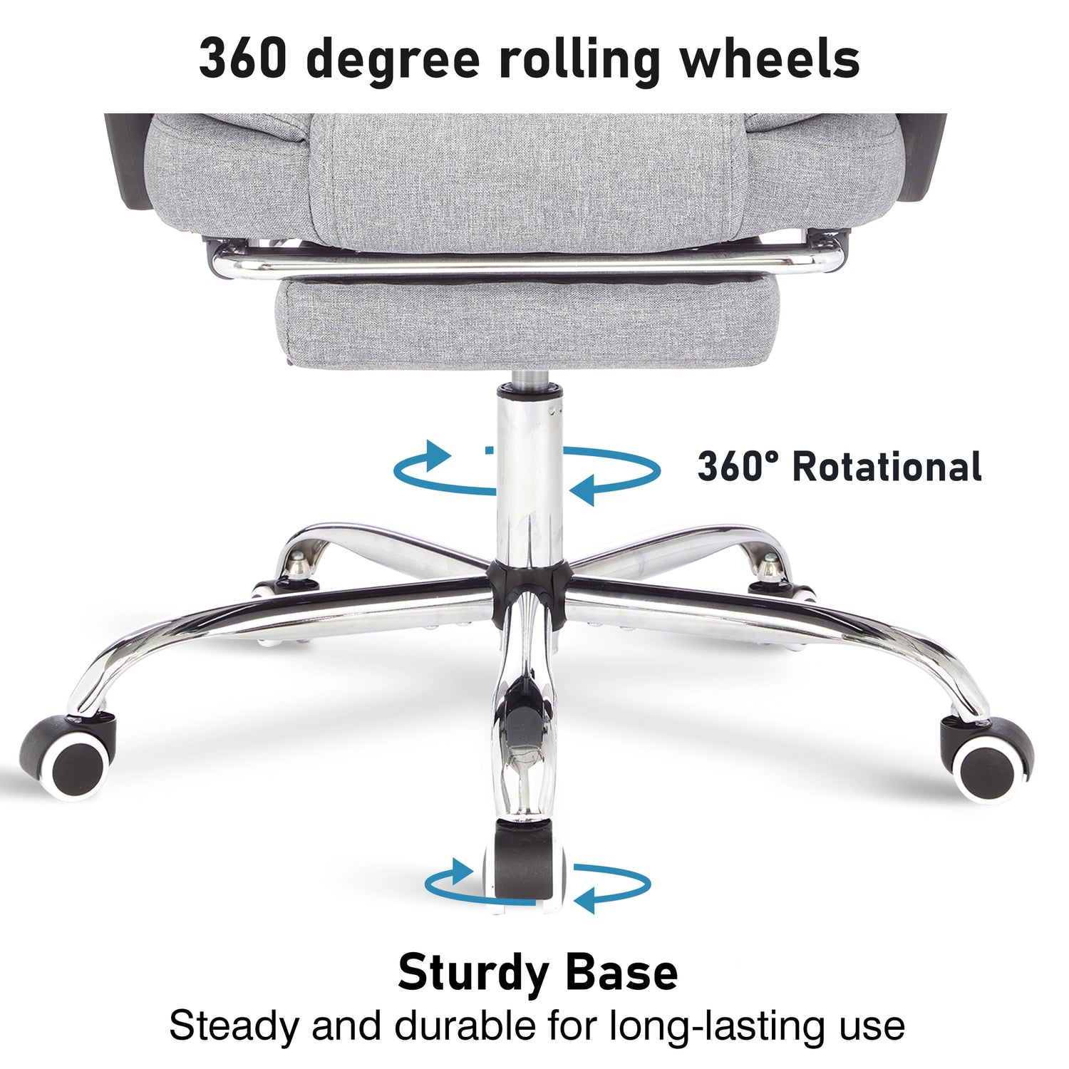 Swivel modern recliner chair with 360-degree rolling wheels for smooth mobility and comfort.