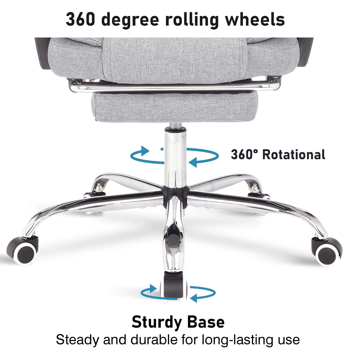 Swivel modern recliner chair with 360-degree rolling wheels for smooth mobility and comfort.
