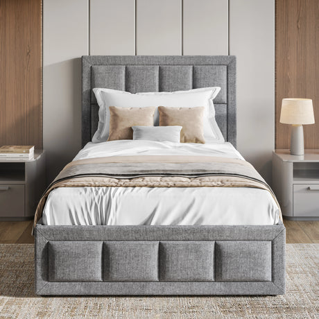 Front view of single ottoman bed frame with headboard in light grey, styled with neutral bedding in a modern bedroom setting.