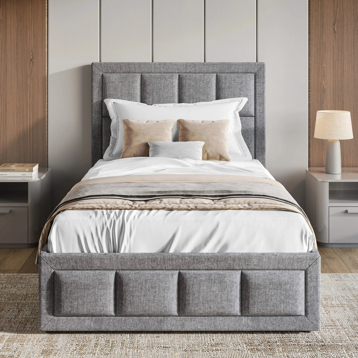 Front view of single ottoman bed frame with headboard in light grey, styled with neutral bedding in a modern bedroom setting.