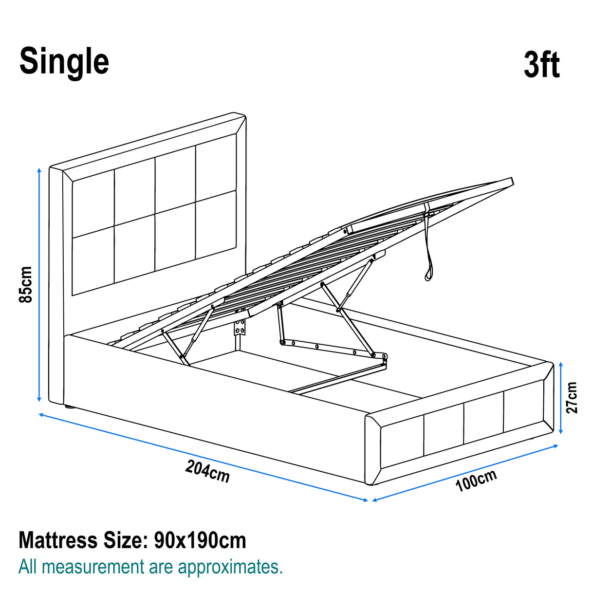 Technical diagram of single ottoman bed frame with headboard, showing dimensions 204cm x 100cm x 85cm and mattress size 90x190cm.