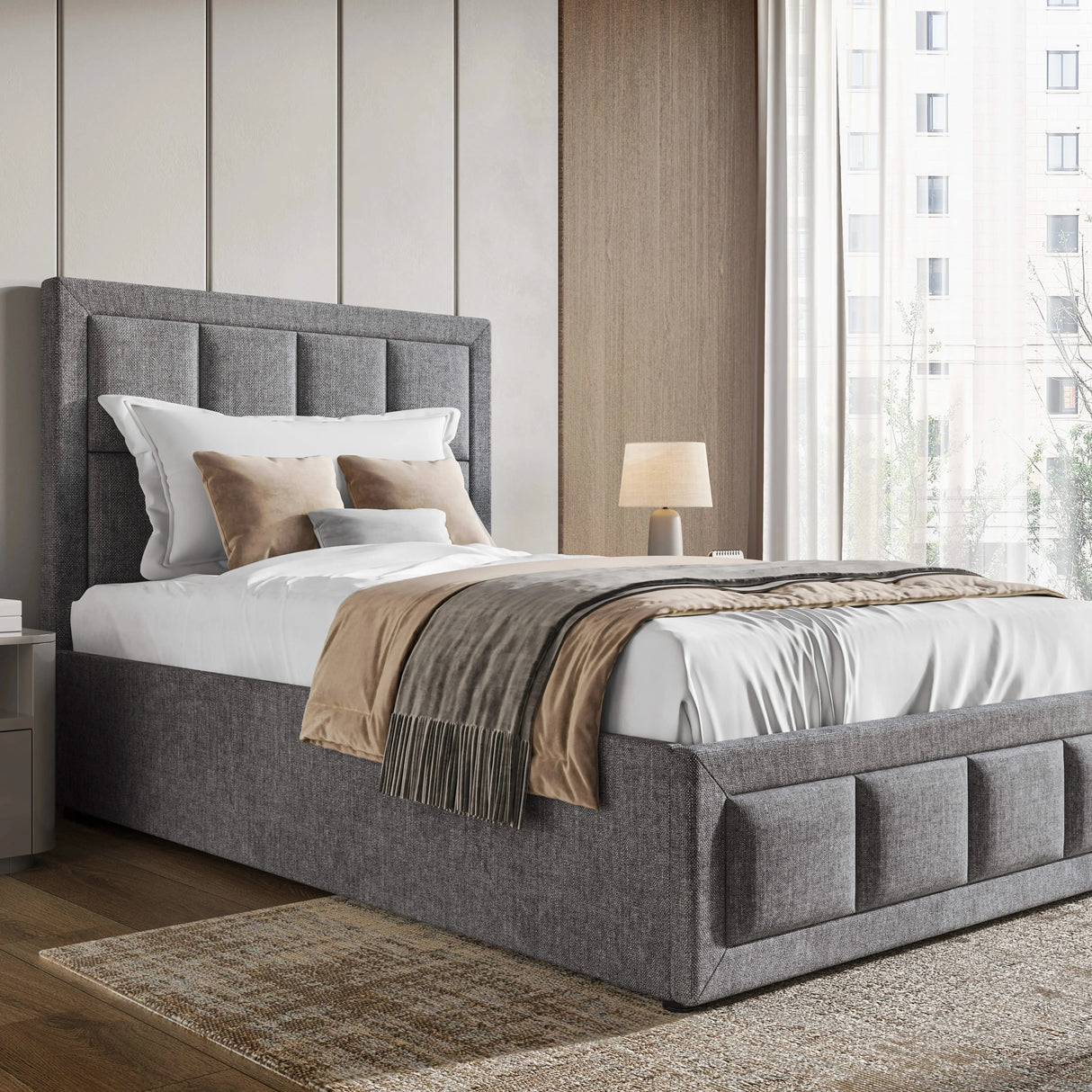 Single ottoman bed frame with headboard in light grey fabric, ideal for small bedrooms or guest rooms. Features a modern, space-saving design.