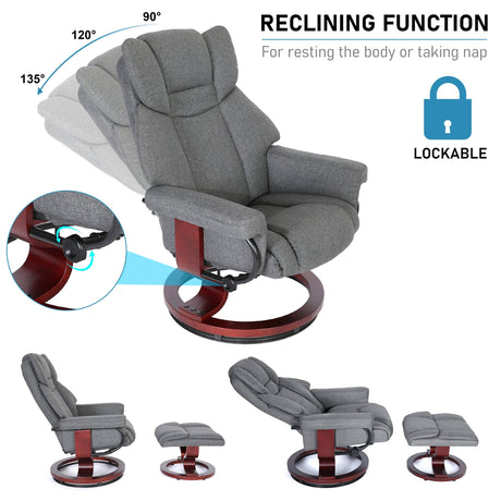 Grey Recliner Swivel Armchair With Footstool | Lounge Chair with lockable reclining function from 90° to 135°, ideal for naps and relaxation.