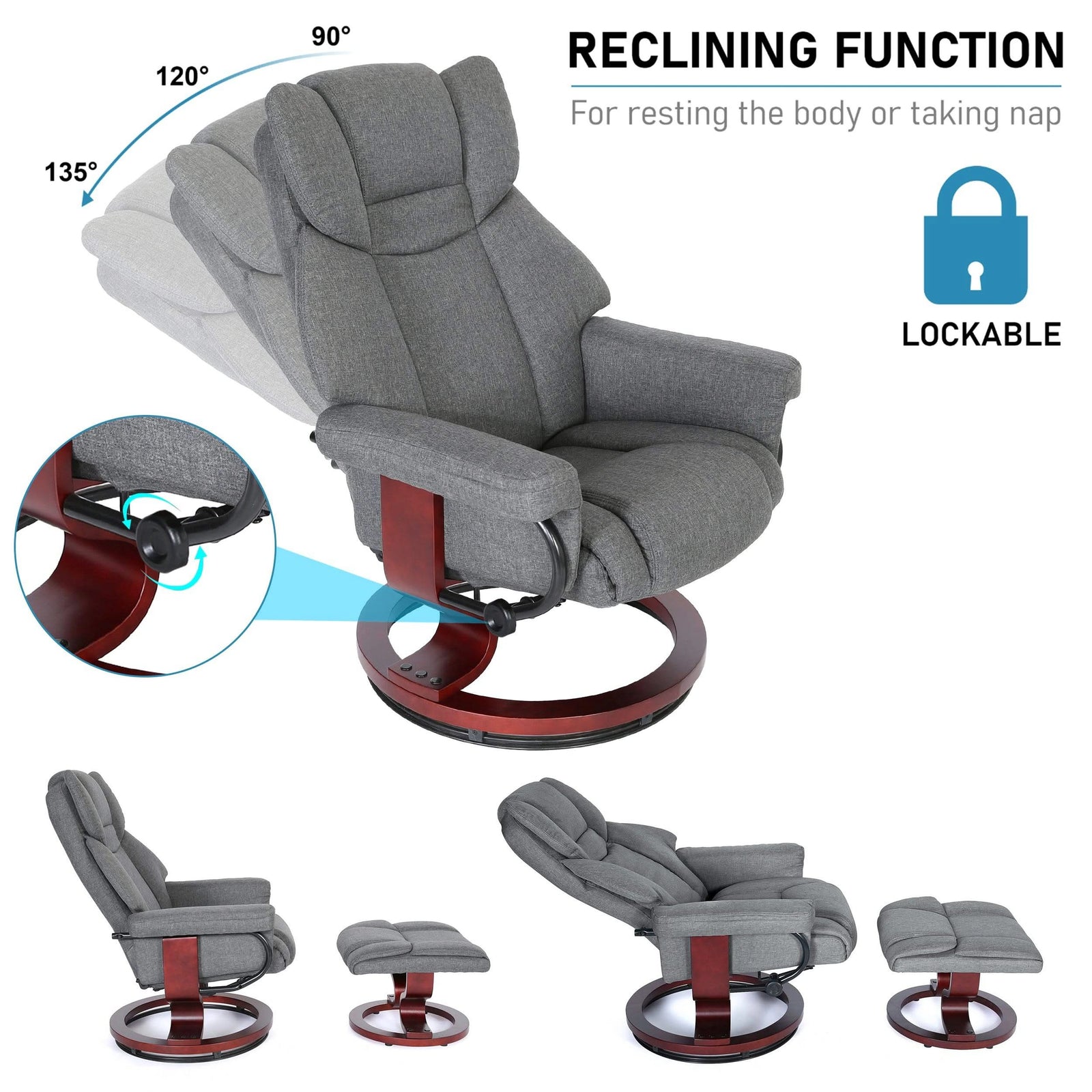 Grey Recliner Swivel Armchair With Footstool | Lounge Chair with lockable reclining function from 90° to 135°, ideal for naps and relaxation.