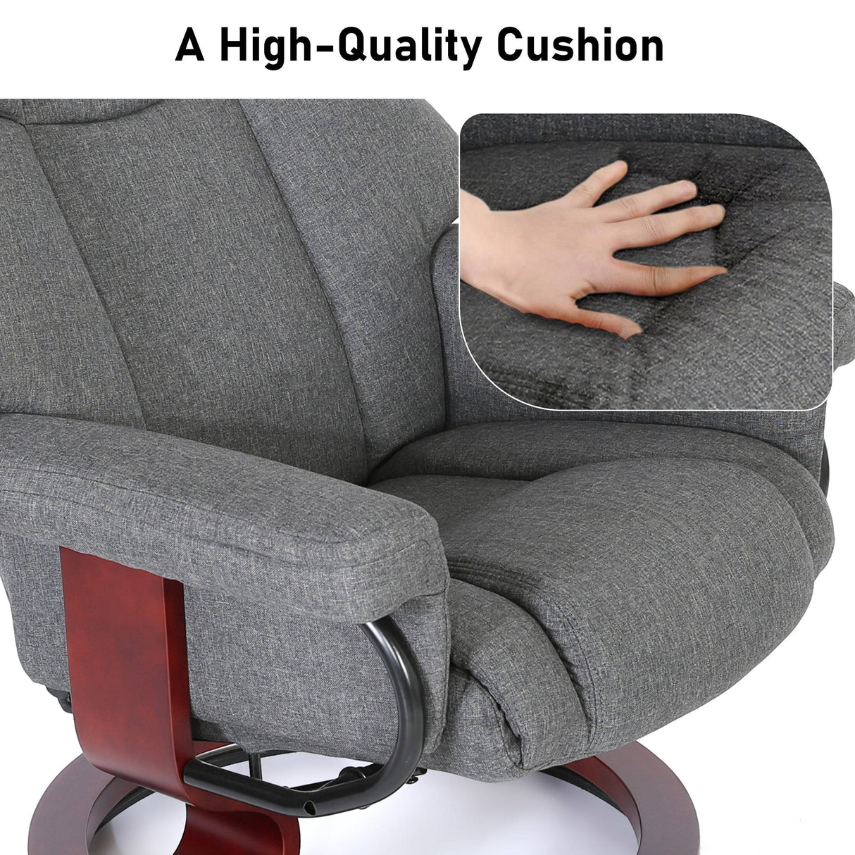 Close-up of grey cushion on Recliner Swivel Armchair With Footstool | Lounge Chair, highlighting soft-touch fabric and ergonomic padding.