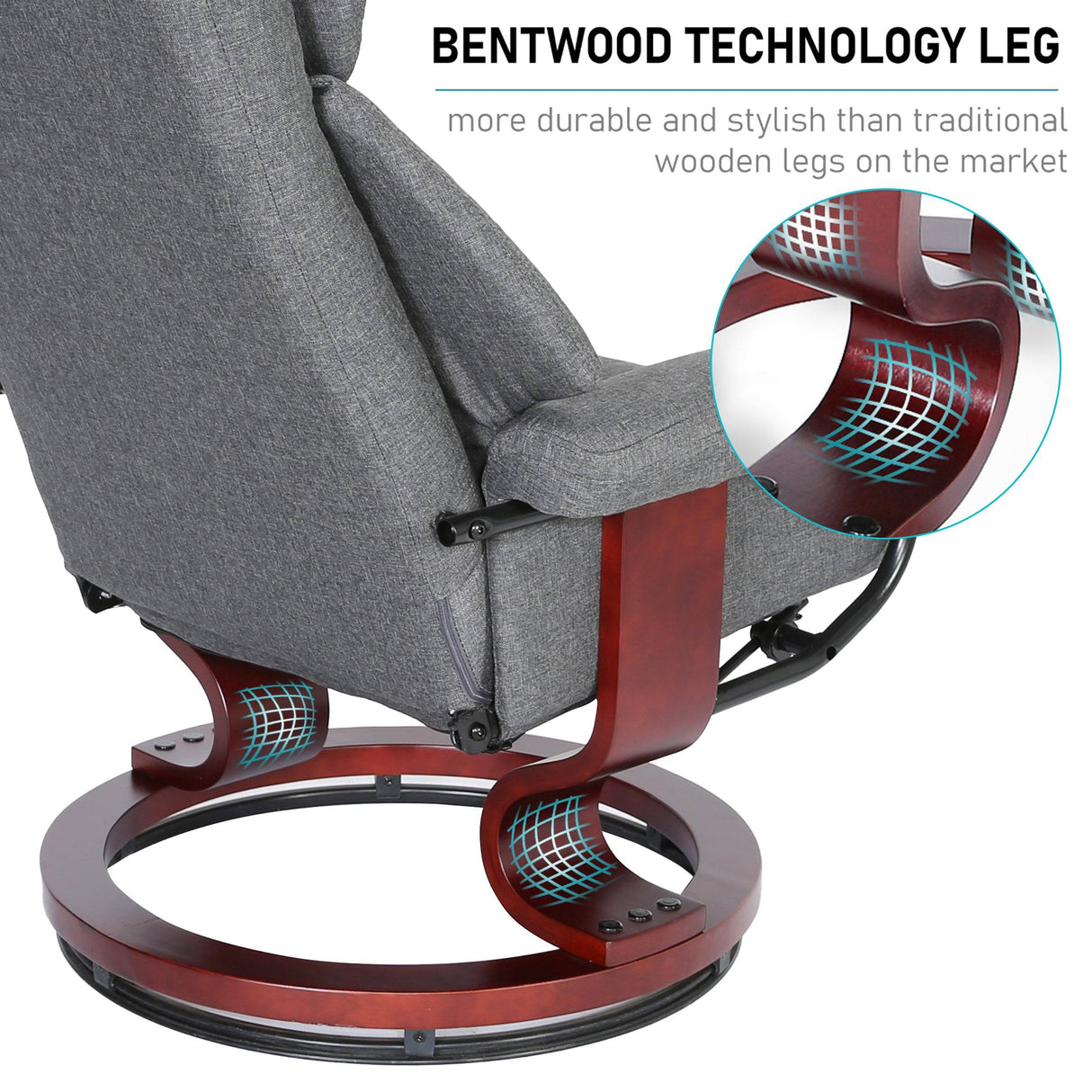 Grey Recliner Swivel Armchair With Footstool | Lounge Chair with bentwood technology leg for enhanced durability and modern appeal.