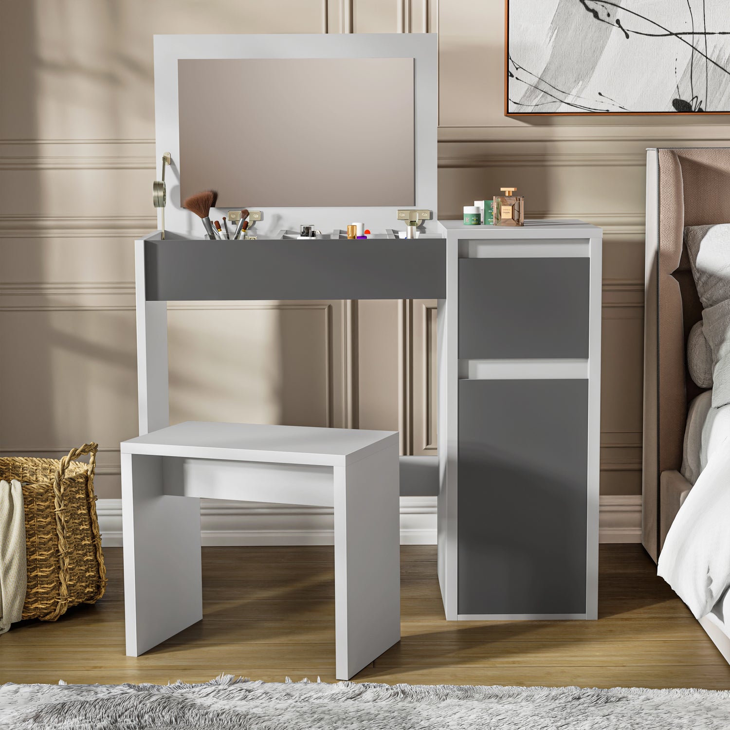 Modern makeup dressing table with flip-up mirror, storage sections, and matching stool in white and grey finish, ideal for bedroom vanities.