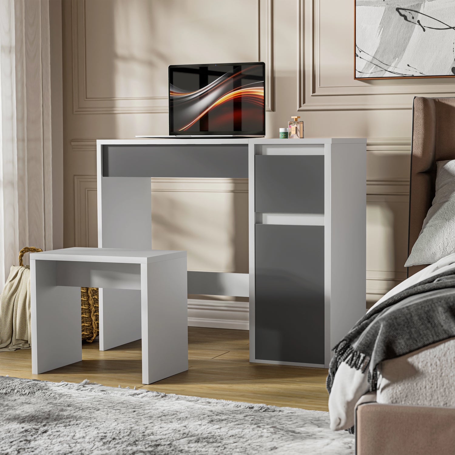 Modern makeup dressing table with flip-up mirror, storage drawers, and matching stool in white and grey finish, ideal for bedroom vanities.
