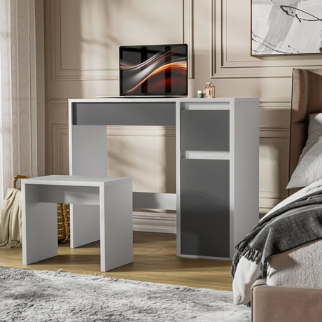 Modern makeup dressing table with flip-up mirror, storage drawers, and matching stool in white and grey finish, ideal for bedroom vanities.