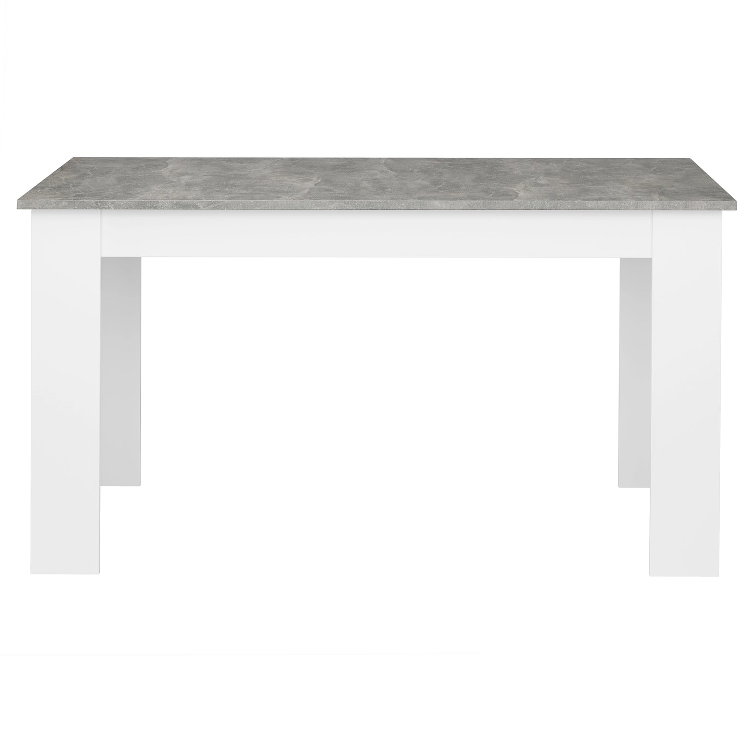 Front view of grey marble dining table with clean white legs, ideal for modern home interiors.